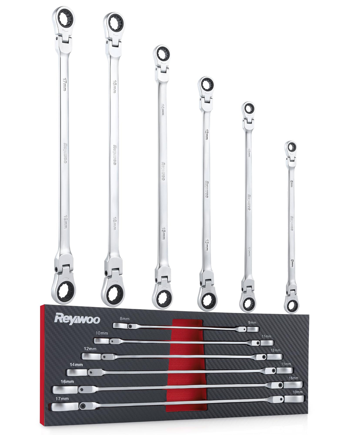 Reywoo 6-piece extra-long wrench set showing complete size range for metric bolts.