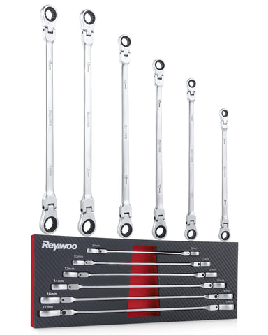 Reywoo 6-piece extra-long wrench set showing complete size range for metric bolts.