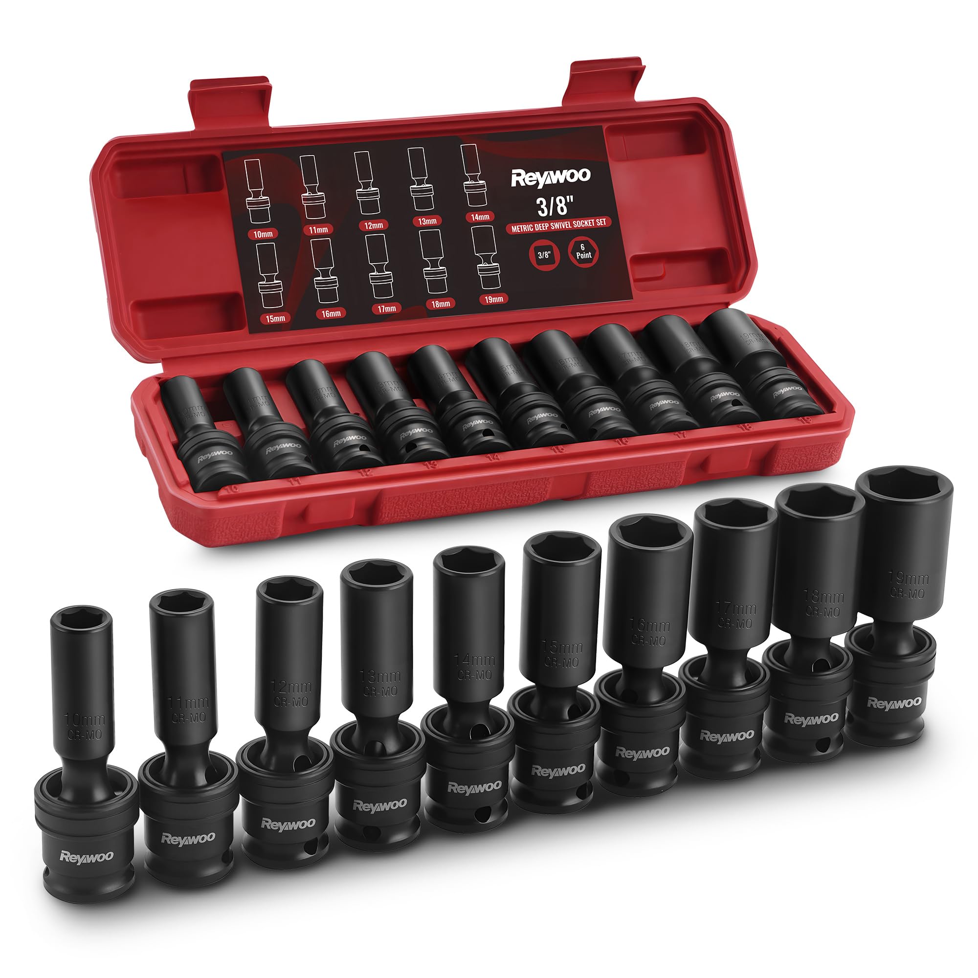 Reywoo deep swivel sockets cover 10–19 mm, ideal for automotive repairs.