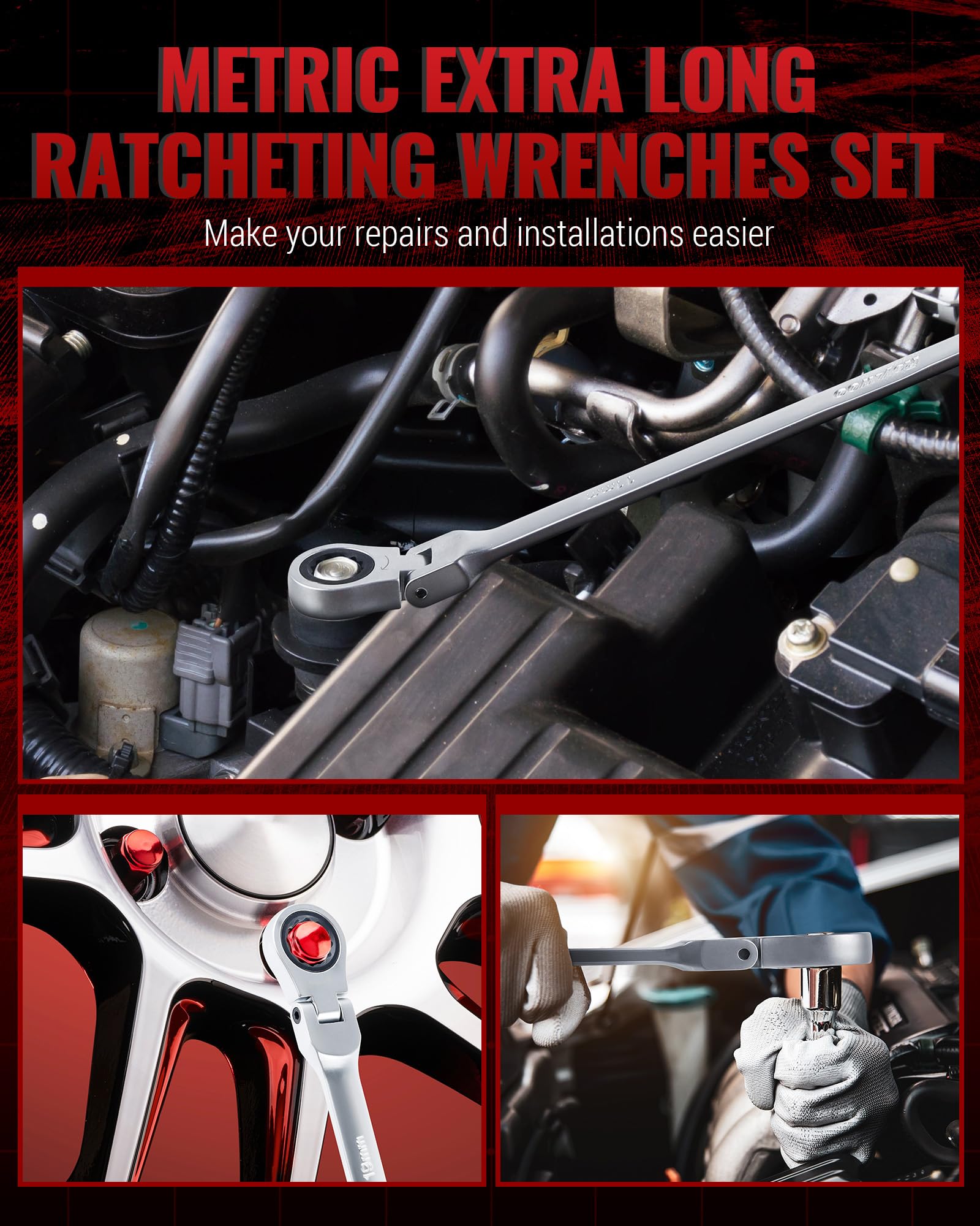 Reywoo flex-head rotating wrench demonstrating versatile angles in tight space.