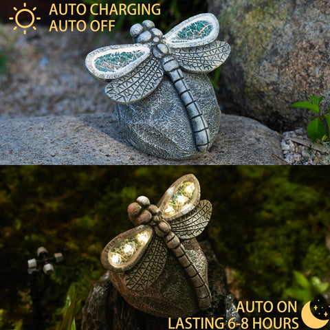 Rezpuao patio dragonfly ornament with LED light for evenings outdoors.