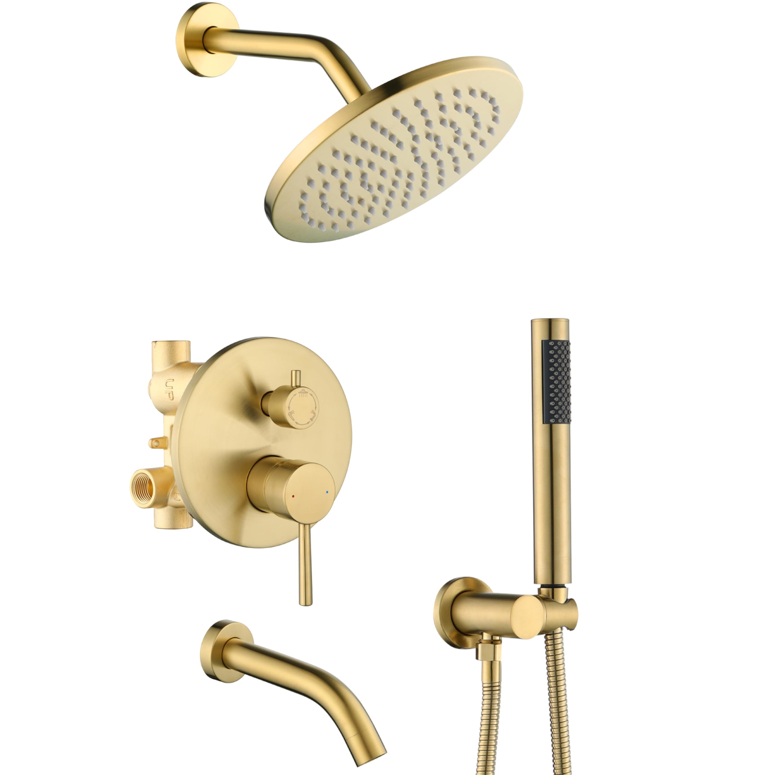 RF SUNUAN brushed gold 8in rain head delivering immersive coverage for a spa-like shower