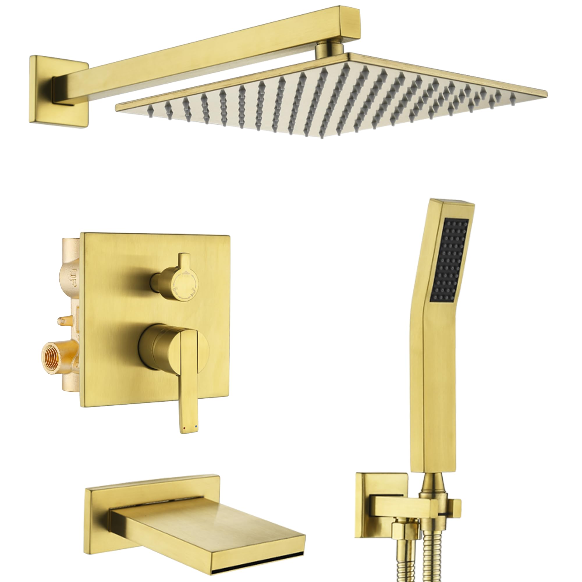 RF SUNUAN gold shower system with a 10-inch rain head delivers immersive ceiling coverage.