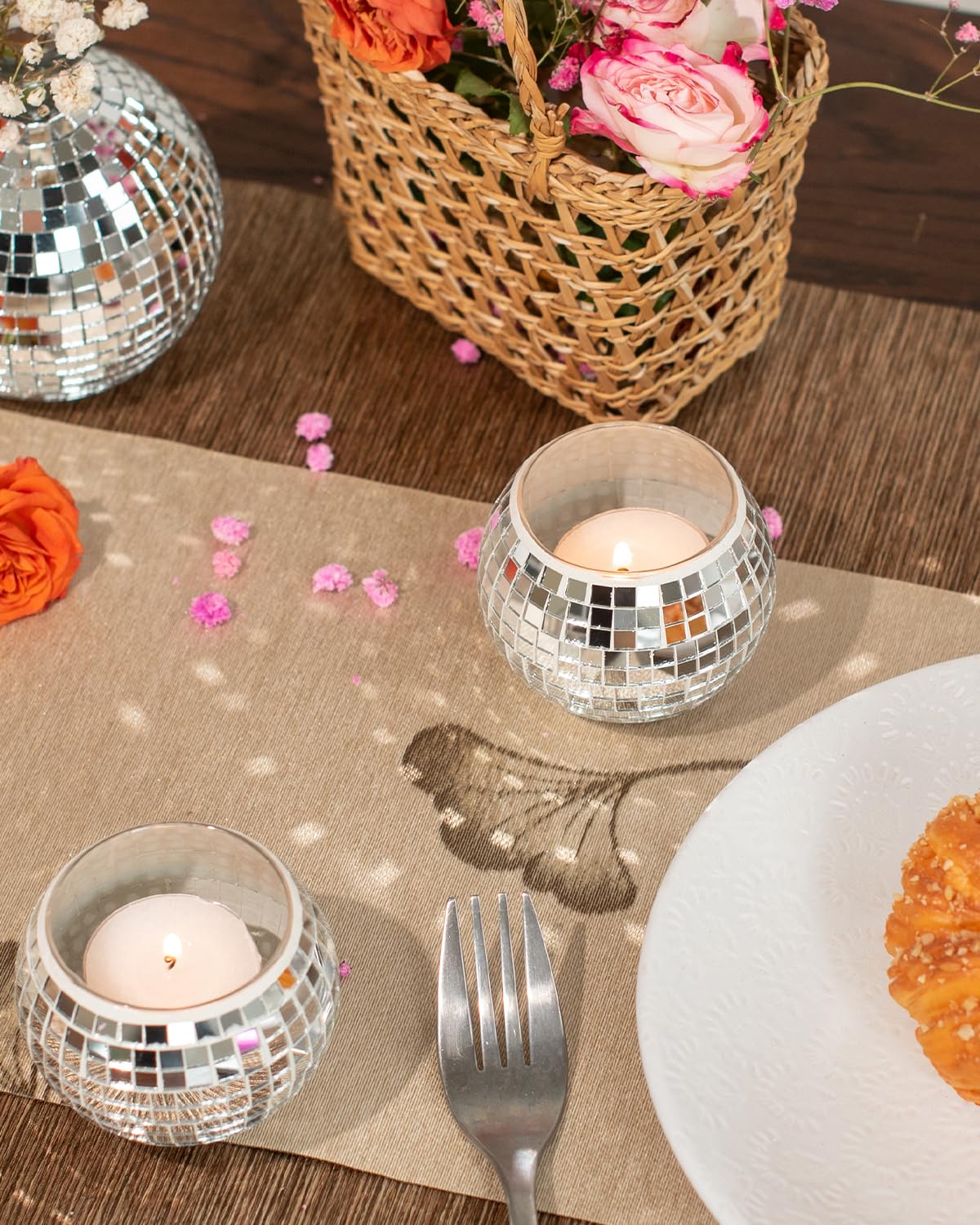 RGBDOT wedding table centerpiece with disco ball candle holder creating warm glow