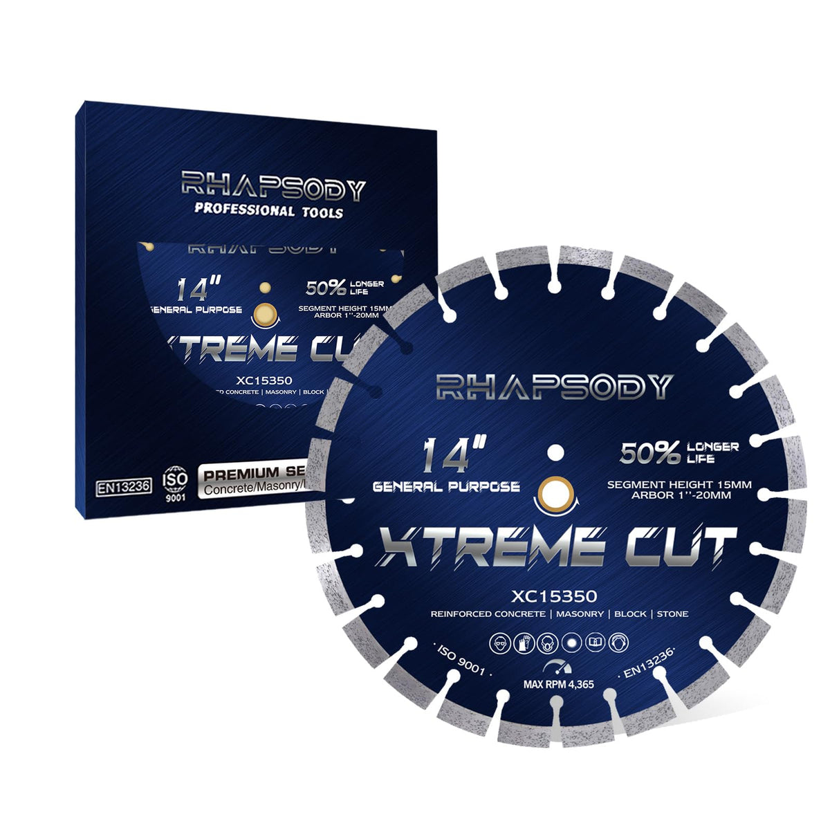 Rhapsody 14-inch diamond blade closeup with segmented design for durable cutting.