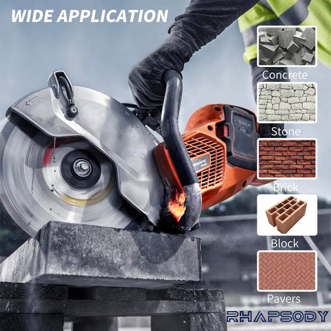 Rhapsody diamond blade in wet-cutting setup showing cooling and clean masonry cuts.