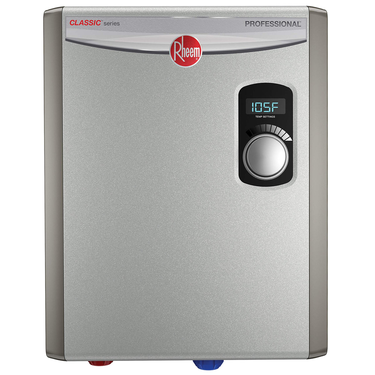 Rheem 18kW tankless unit with gray finish powering on-demand hot water for busy homes