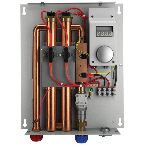 Rheem control panel with LED display showing precise temperatures