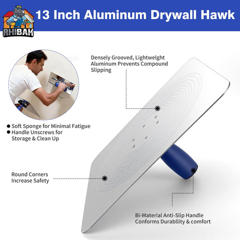 Rhibak stainless-steel finishing trowel with soft grip for comfortable control.