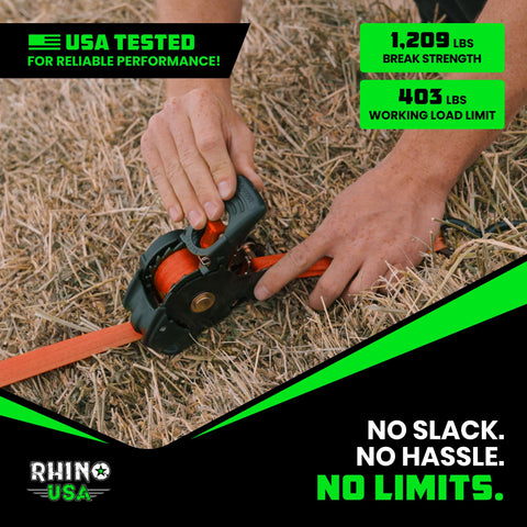 Rhino USA four pack orange straps ready for truck bed or trailer use.