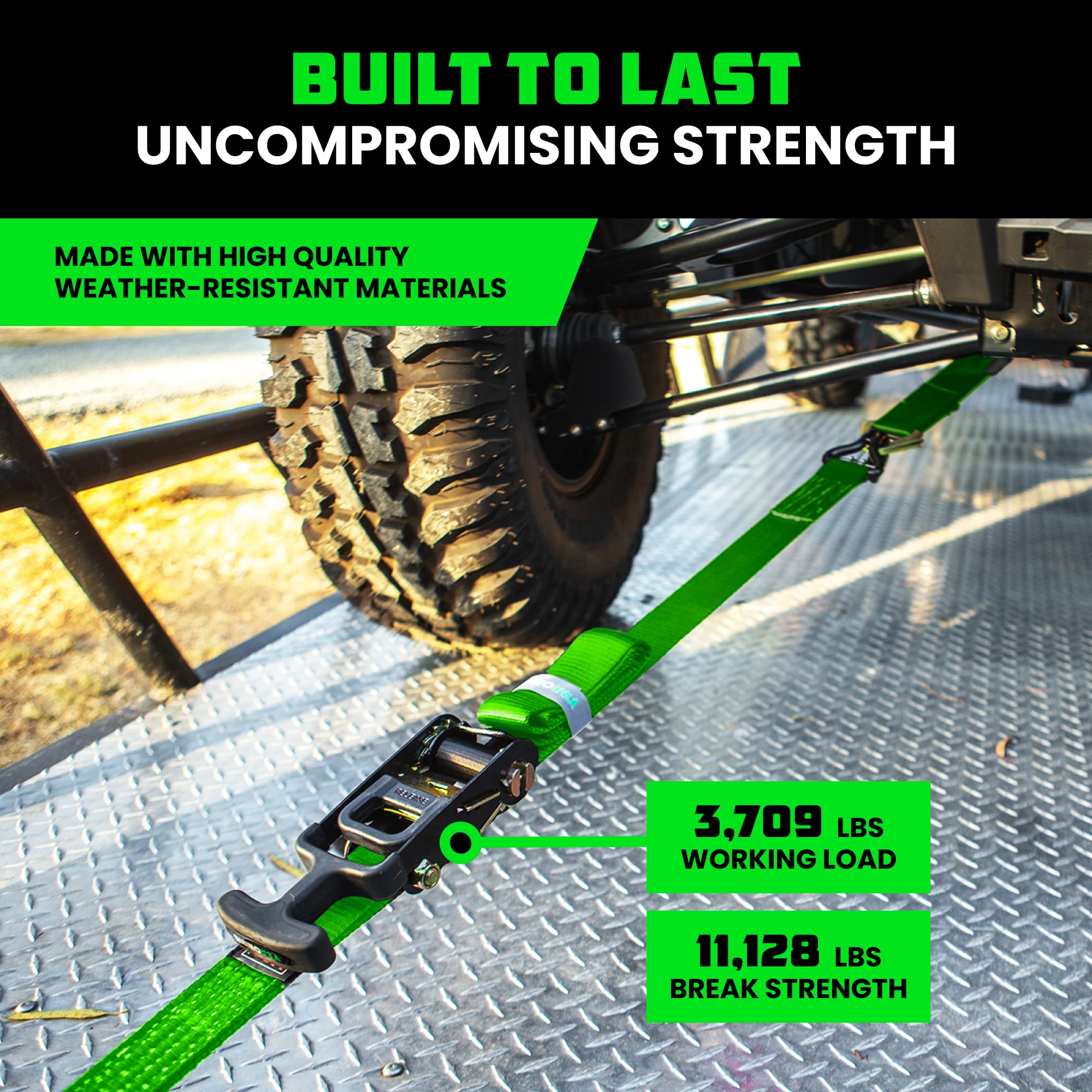 Rhino USA axle tie down straps securing an ATV with reinforced stitching for durability