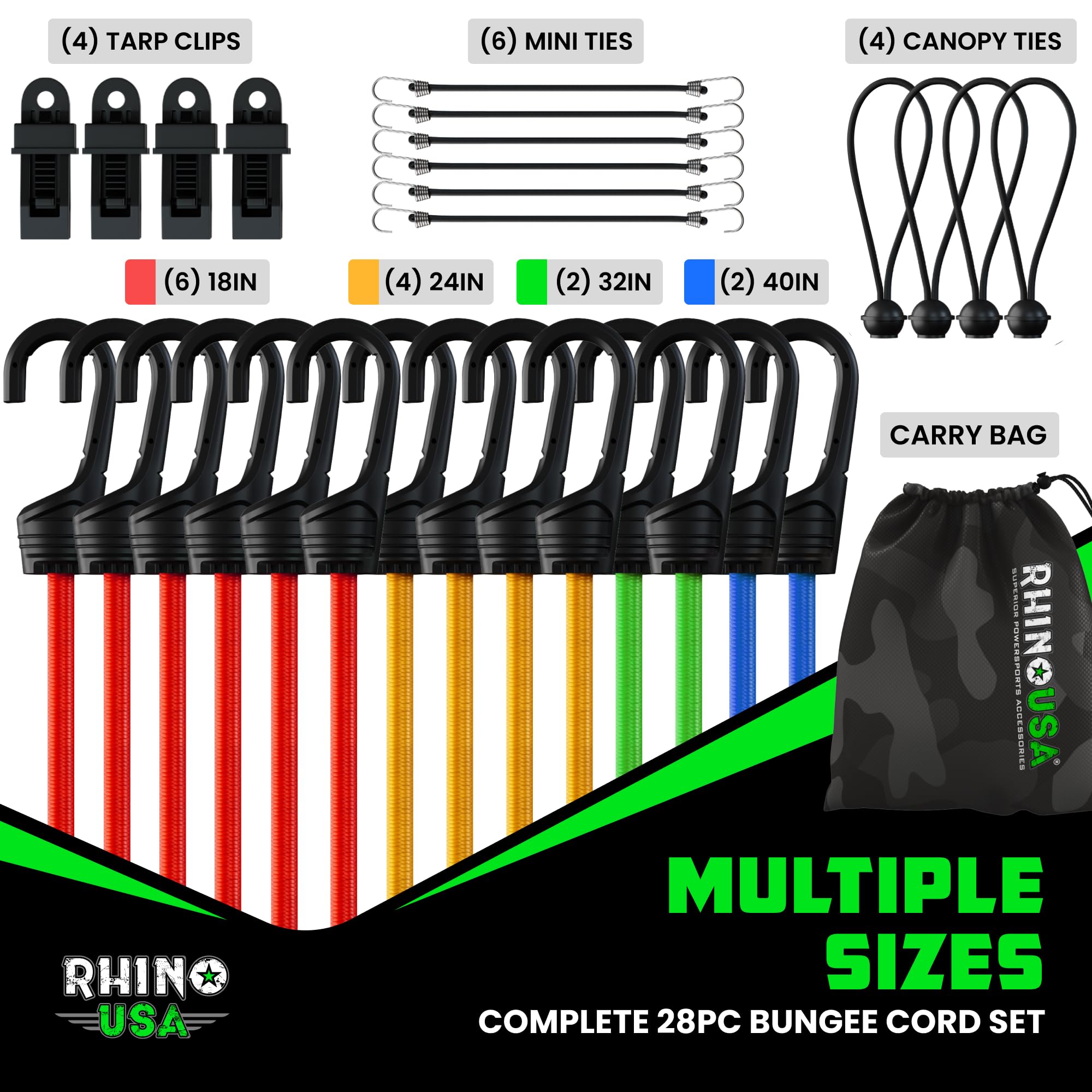 Rhino USA 32-inch green bungee cord with hooks for versatile loads.