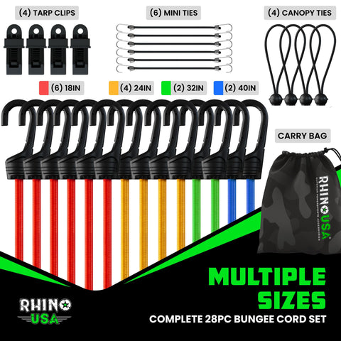 Rhino USA 32-inch green bungee cord with hooks for versatile loads.