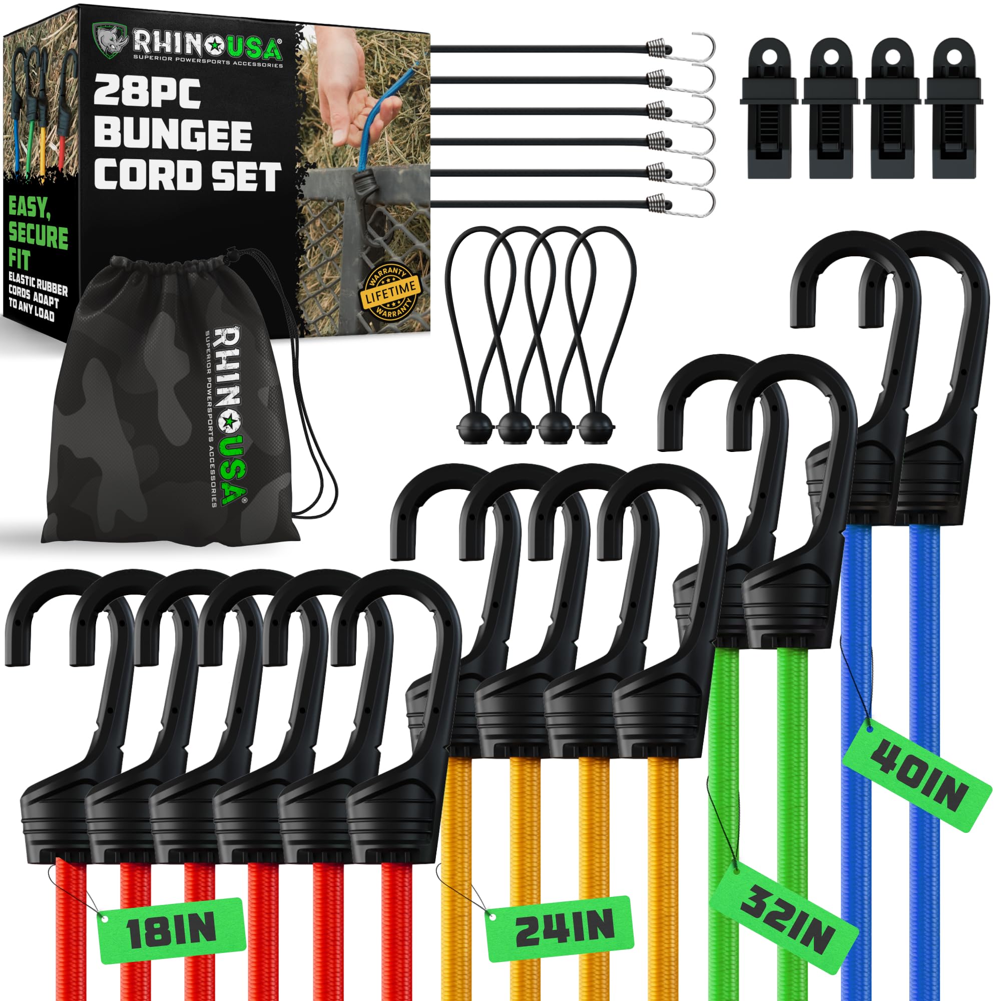 Rhino USA 40-inch blue bungee cord with hooks for secure outdoor tie-downs.