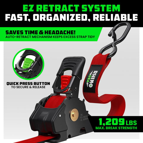 Rhino USA button-operated retractable strap for quick, tidy strap length management during setup.