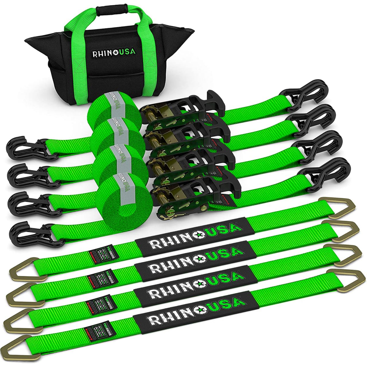 Rhino USA car hauler tie down straps securing a vehicle on a trailer