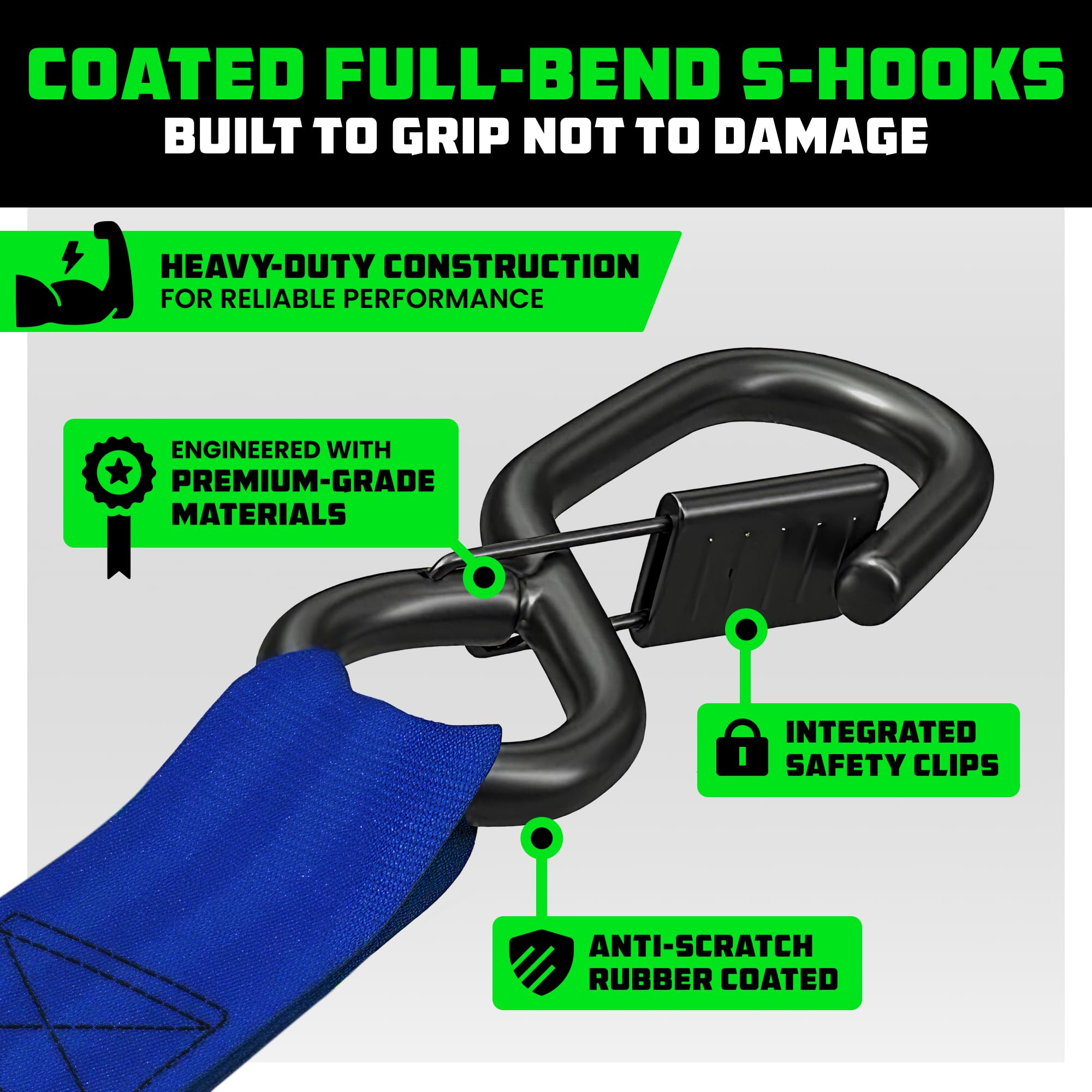 Rhino USA coated full-bend S-hooks resist wear when securing heavy loads.