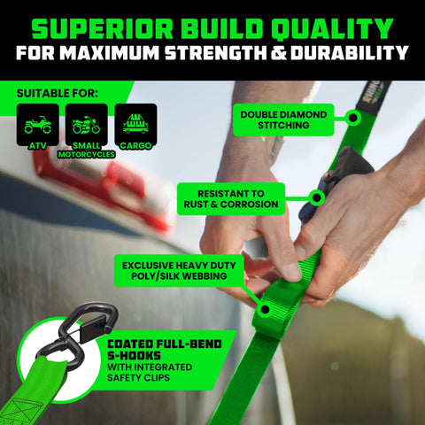 Rhino USA green strap with coated S-hooks showing durable cargo anchoring