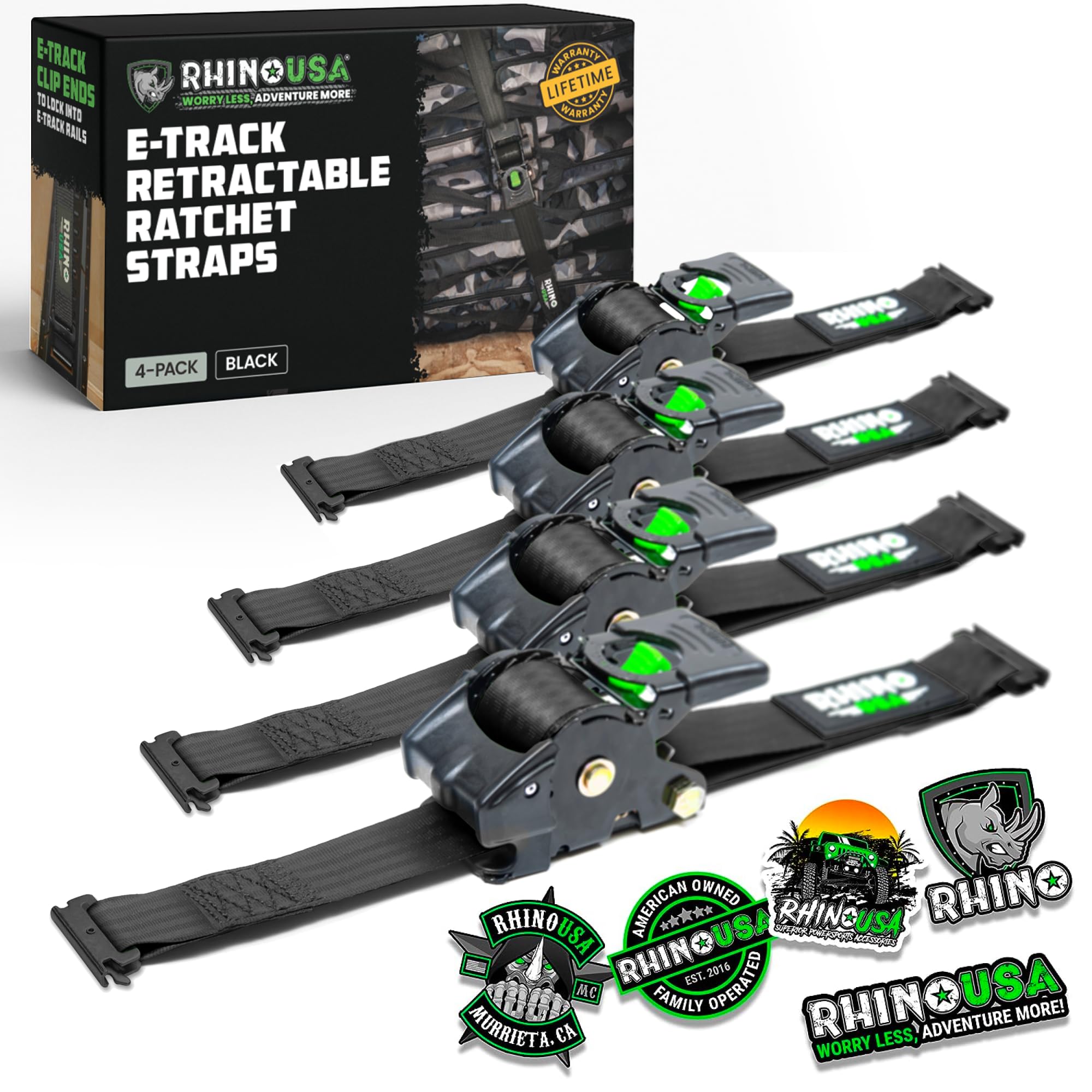 Rhino USA e-Track retractable ratchet strap for quick tensioning.