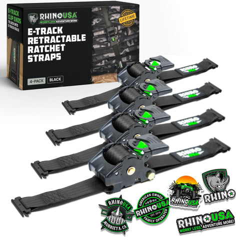 Rhino USA e-Track retractable ratchet strap for quick tensioning.