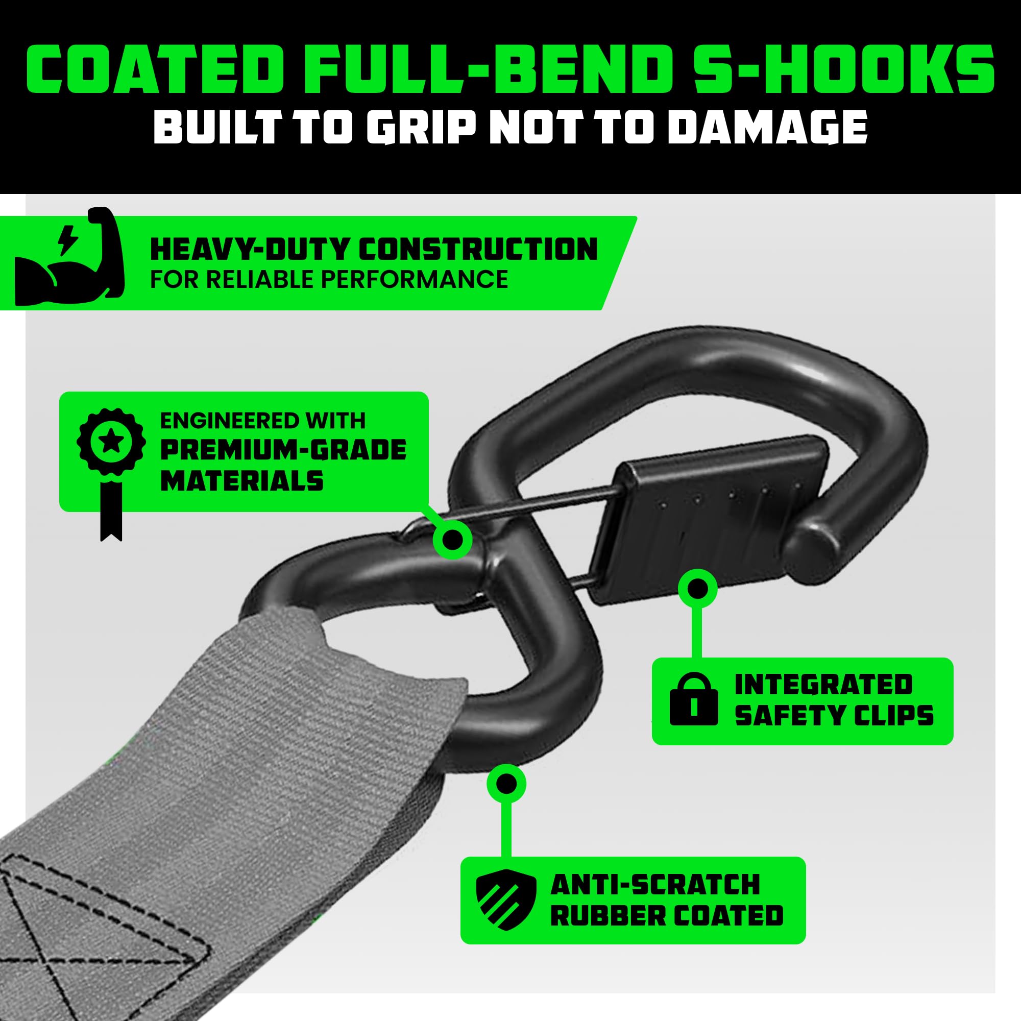 Rhino USA electro-plated ratchet metal provides durable, corrosion-resistant use.
