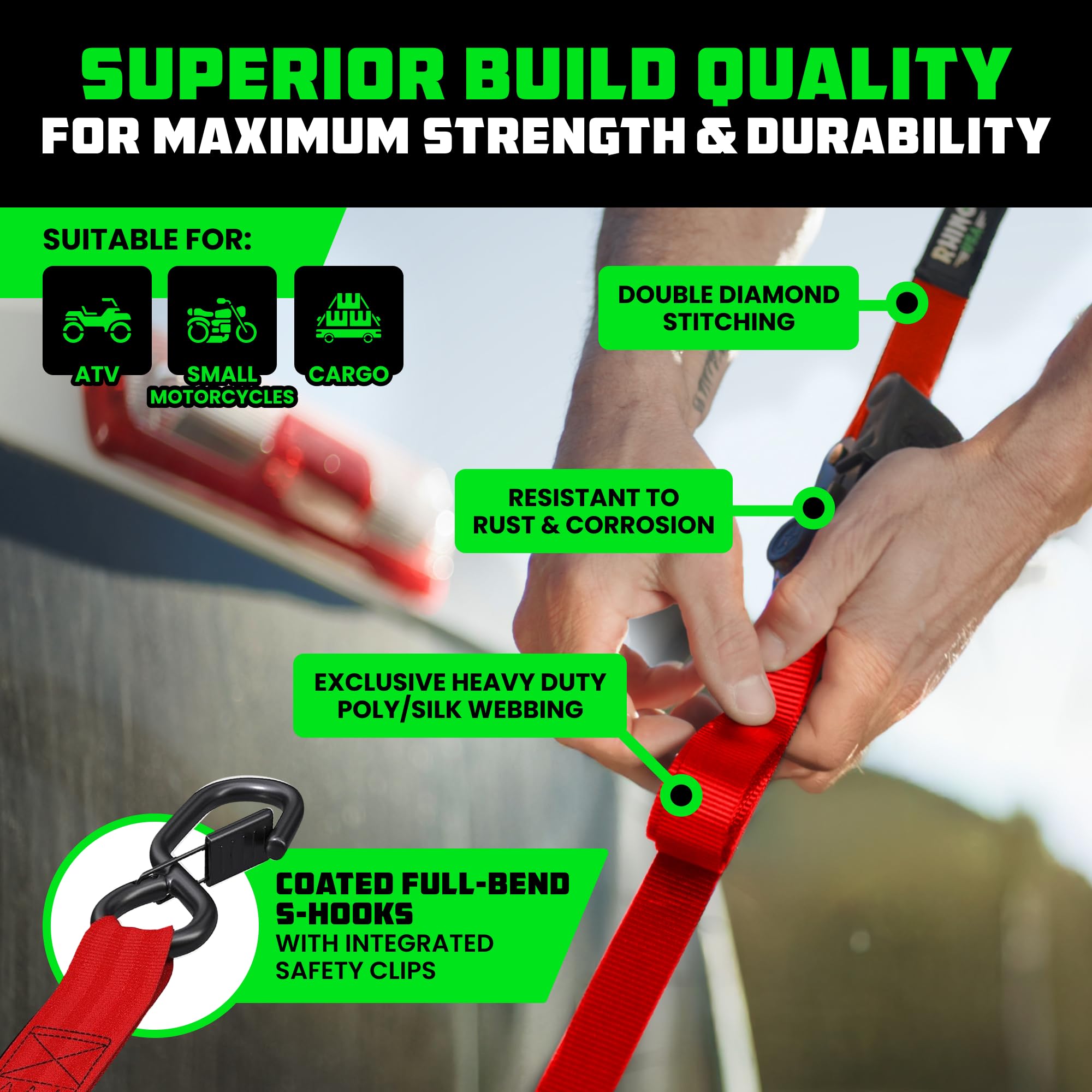 Rhino USA electro-plated zinc ratchet for durable, long-lasting cargo securing.