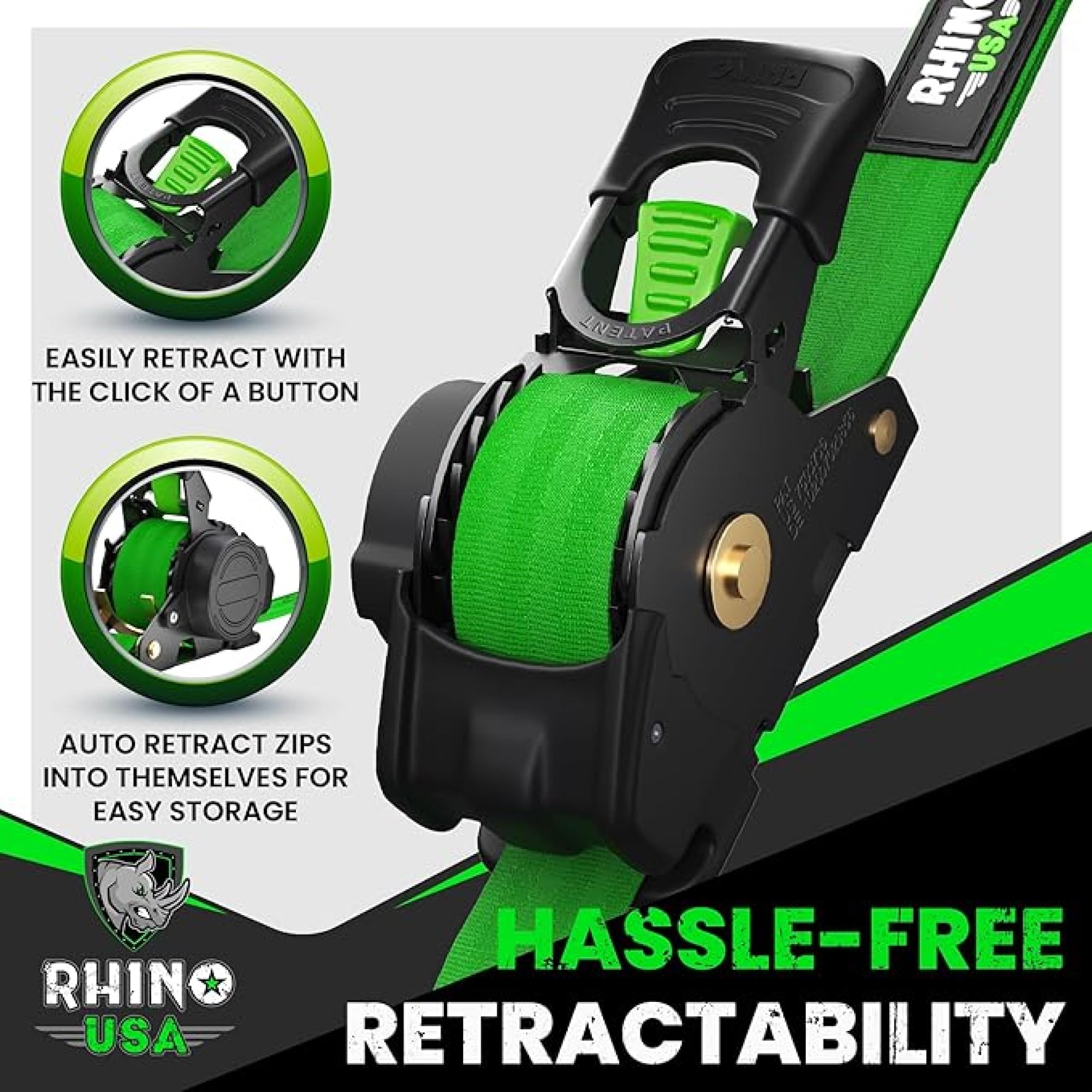 Rhino USA electro-plated zinc ratchet ensures durable tightening under load.