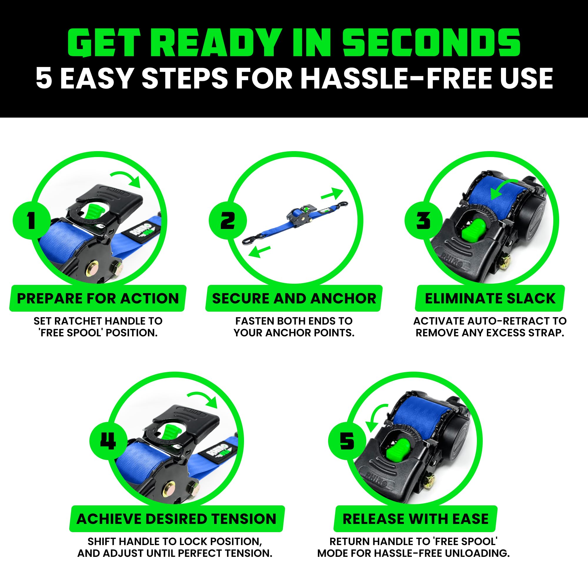 Rhino USA electro-plated zinc ratchet for long-lasting corrosion resistance.
