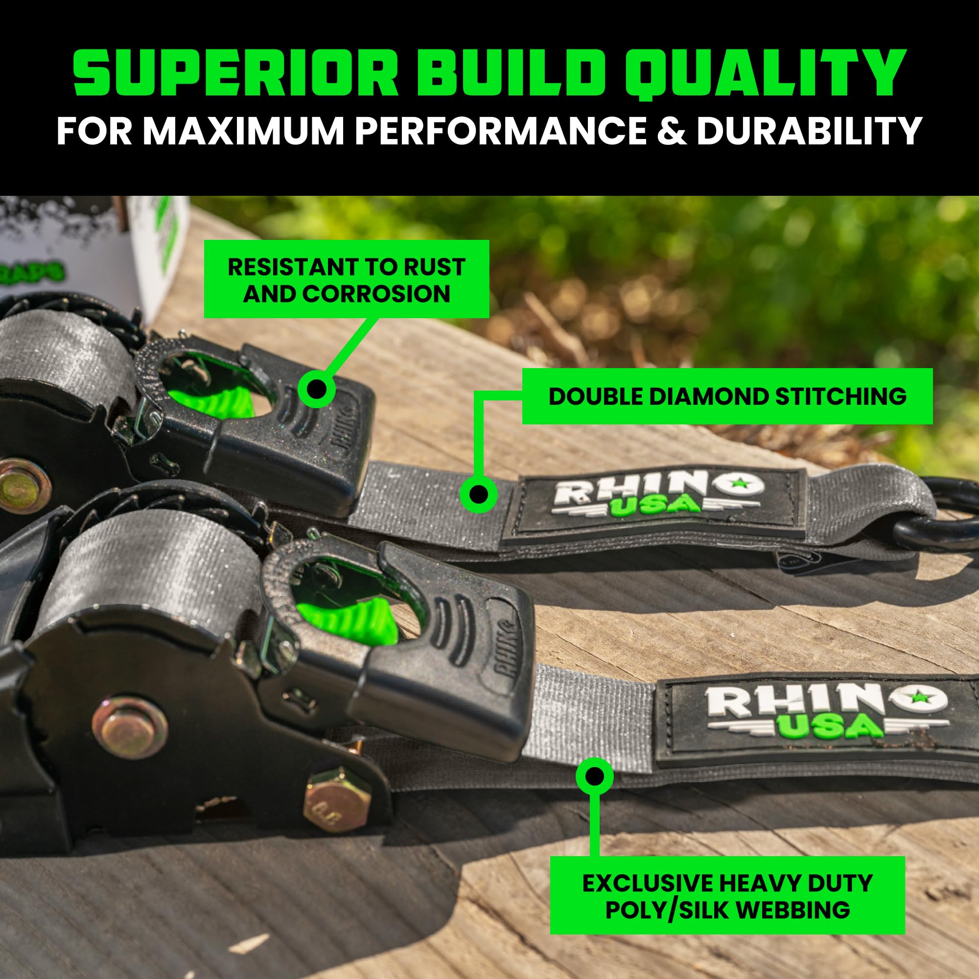 Rhino USA padded handle enhances comfort during long securing sessions.