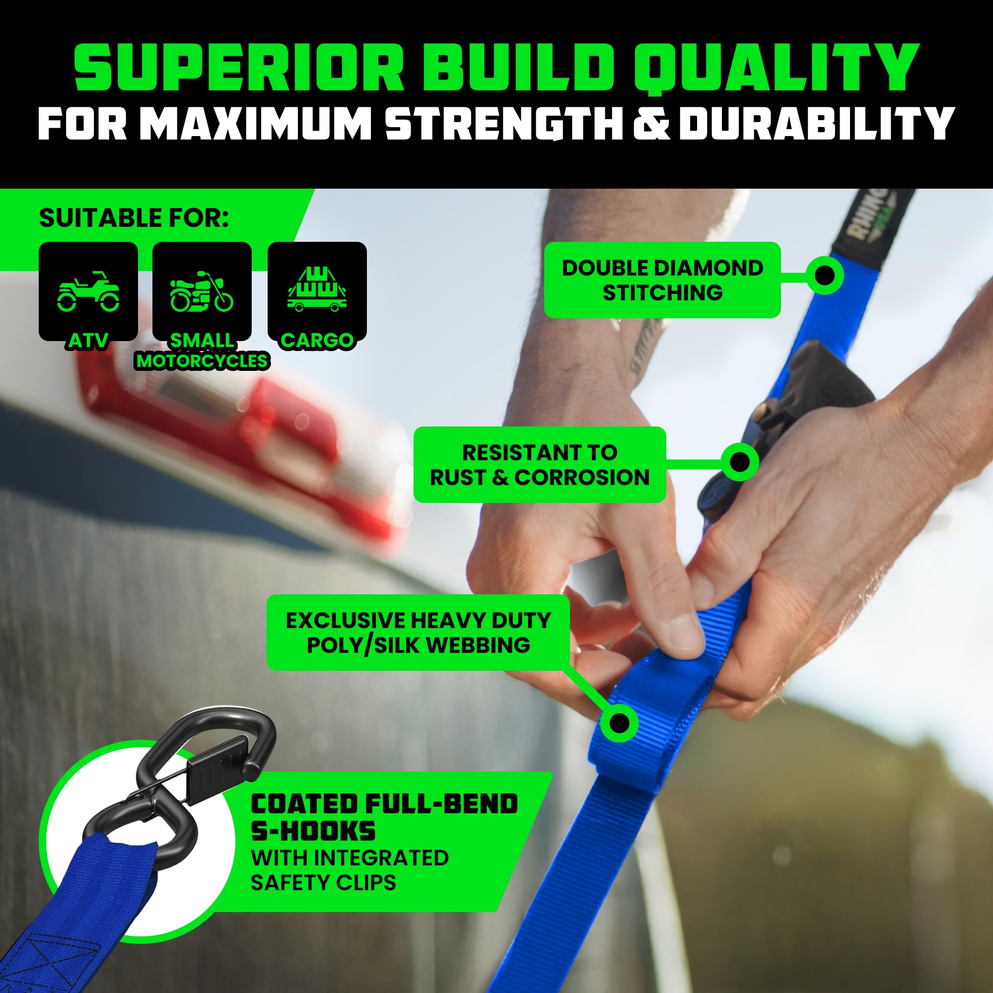 Rhino USA ergonomic padded handle for comfortable cargo securing during long tasks.