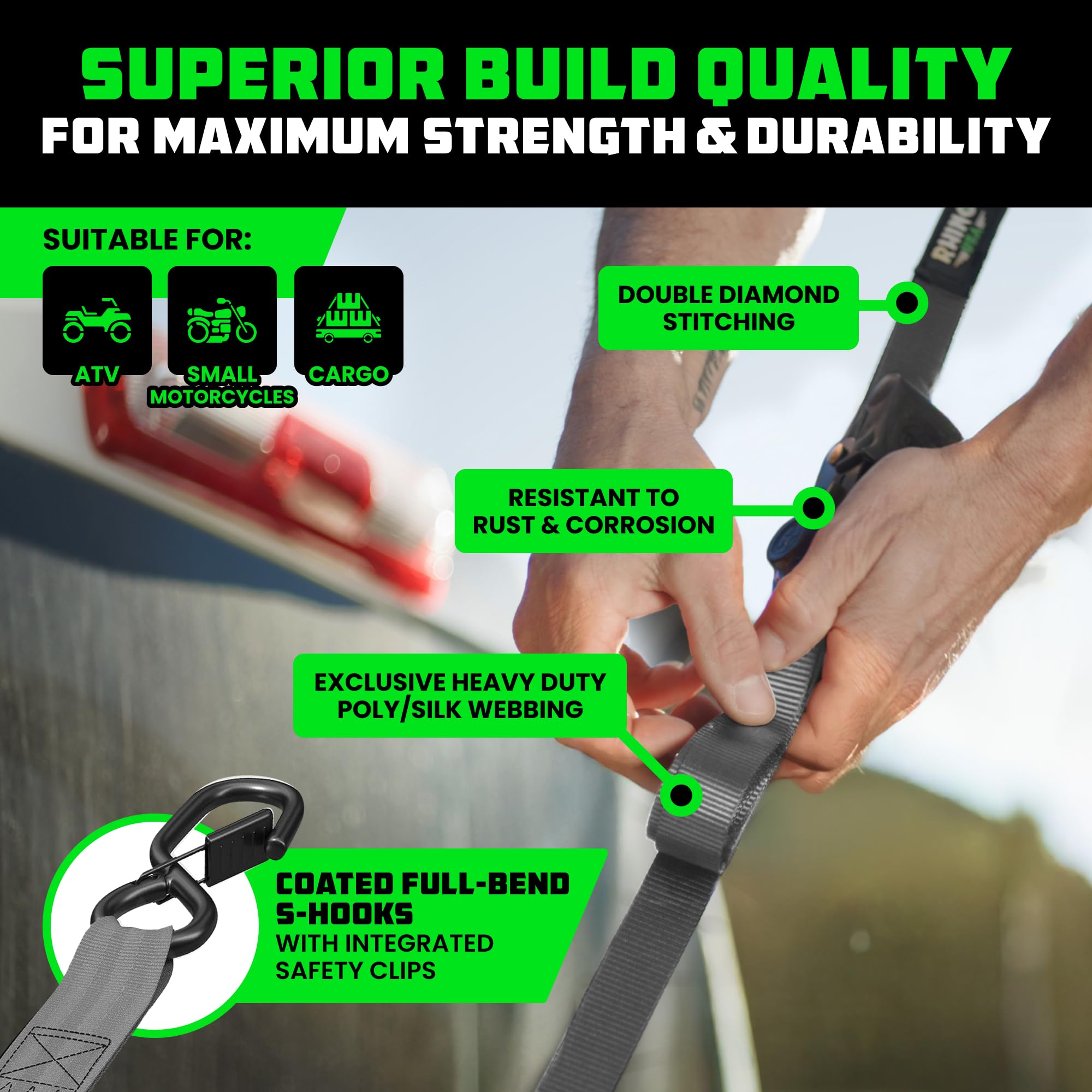 Rhino USA ergonomic padded handle closeup highlights comfortable grip.