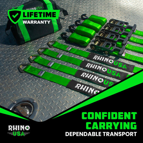 Rhino USA four-pack on trailer demonstrating a complete tie-down solution