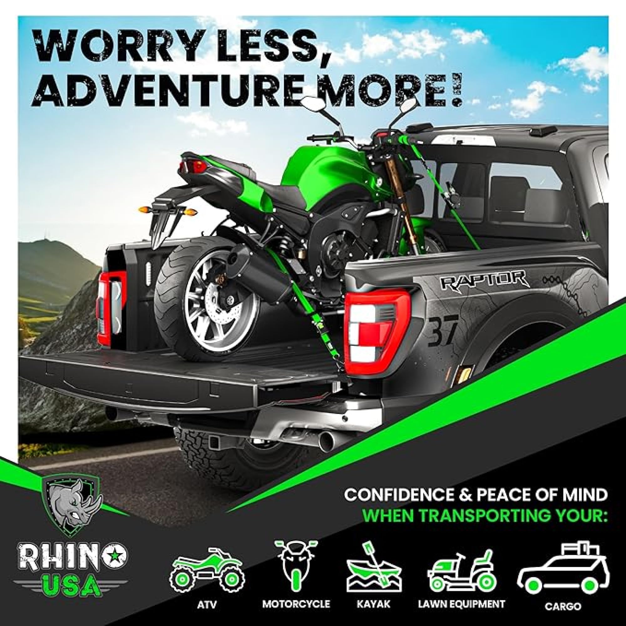 Rhino USA green cargo tie-down strap blends with equipment for cargo security.