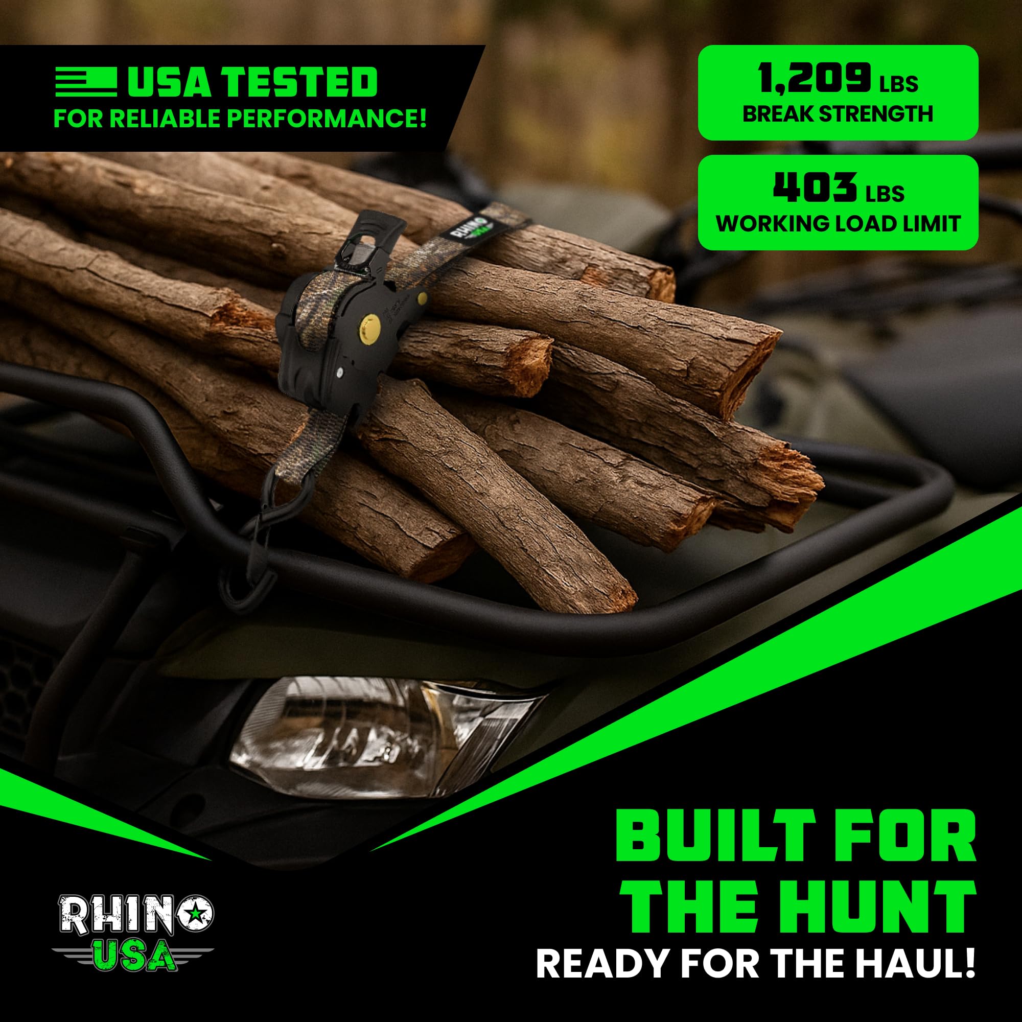 Rhino USA Realtree retractable strap in use during transport of equipment