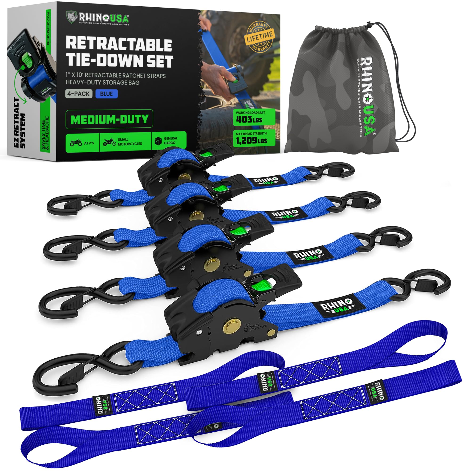 Rhino USA retractable ratchet strap in blue with one-handed operation for easy tie-downs.