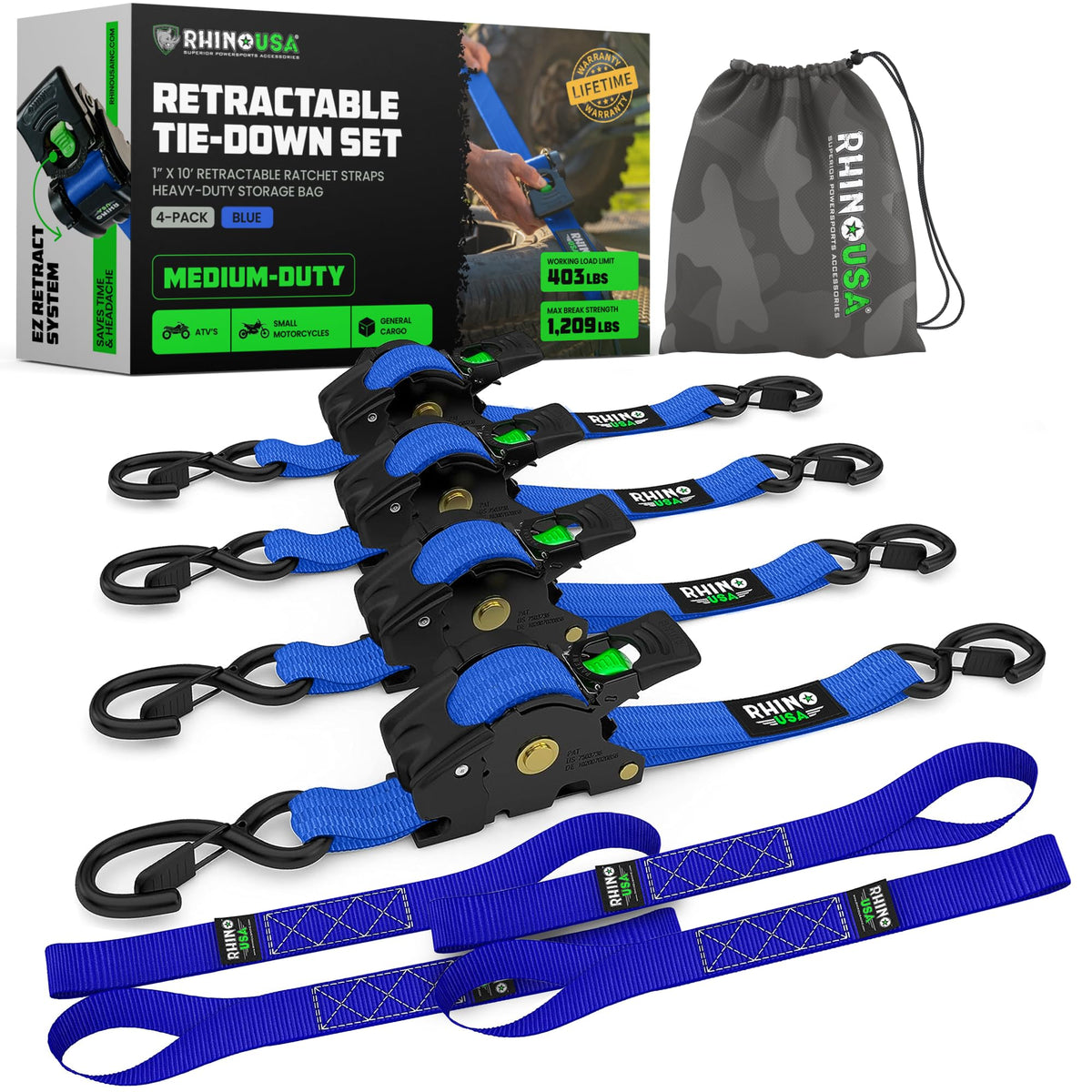 Rhino USA retractable ratchet strap in blue with one-handed operation for easy tie-downs.