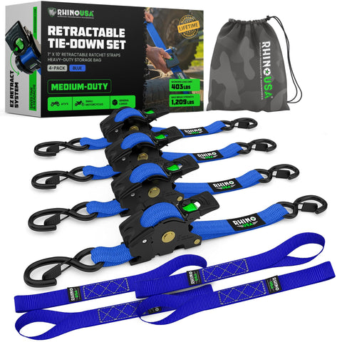 Rhino USA retractable ratchet strap in blue with one-handed operation for easy tie-downs.
