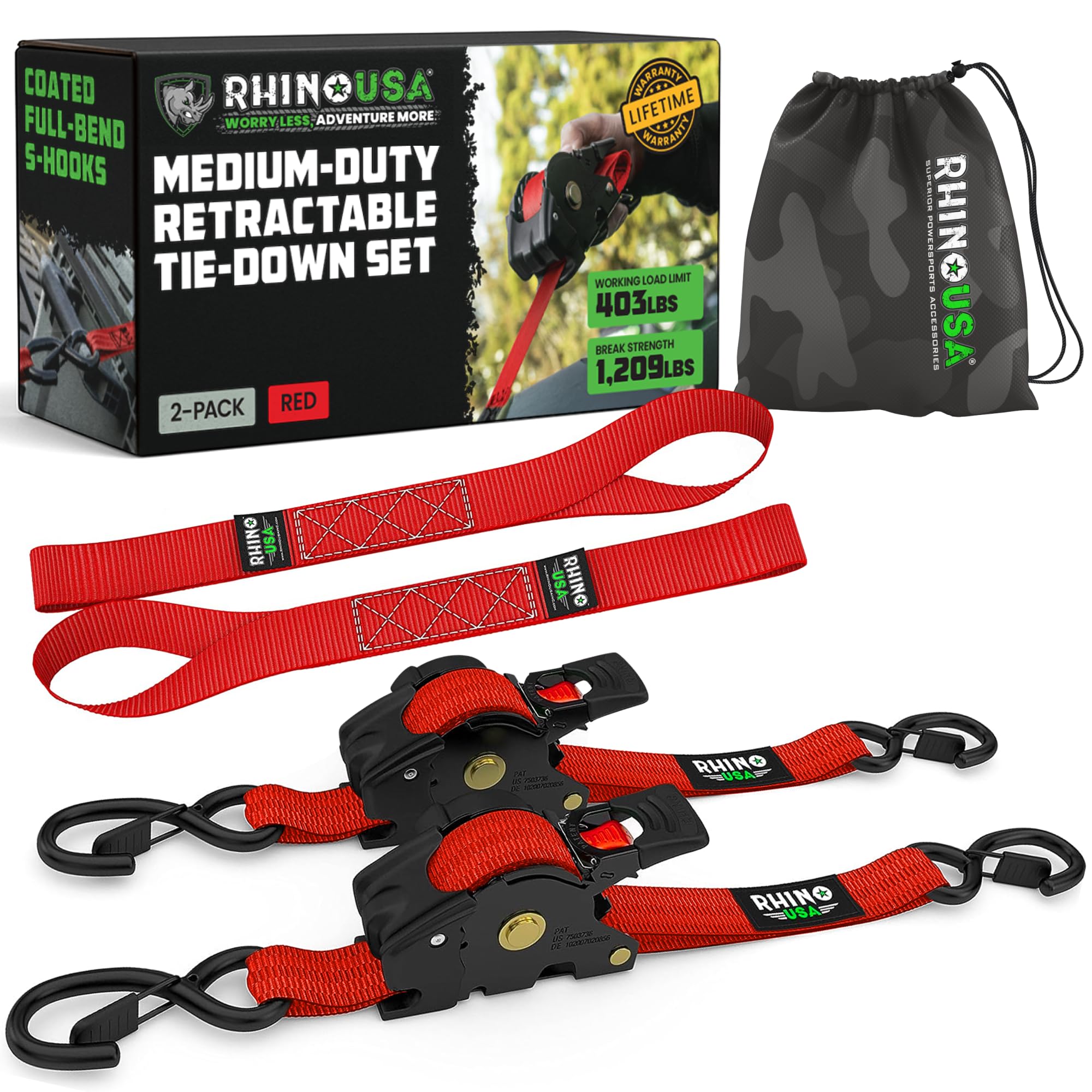 Rhino USA retractable ratchet strap 2-pack in red for fast, secure cargo tying.