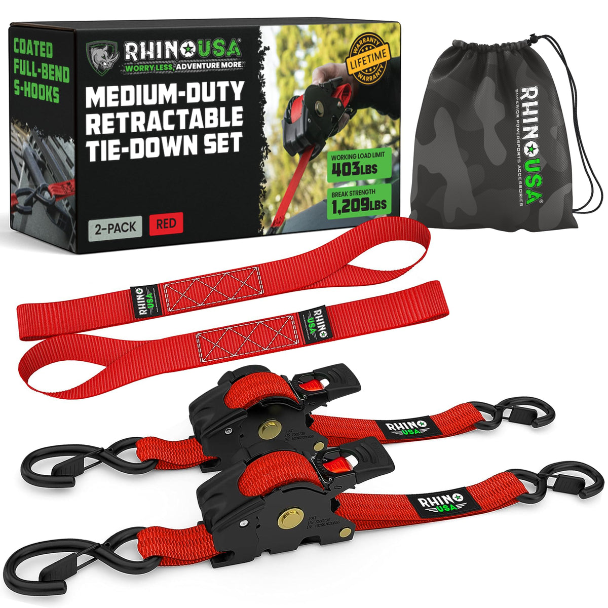 Rhino USA retractable ratchet strap 2-pack in red for fast, secure cargo tying.