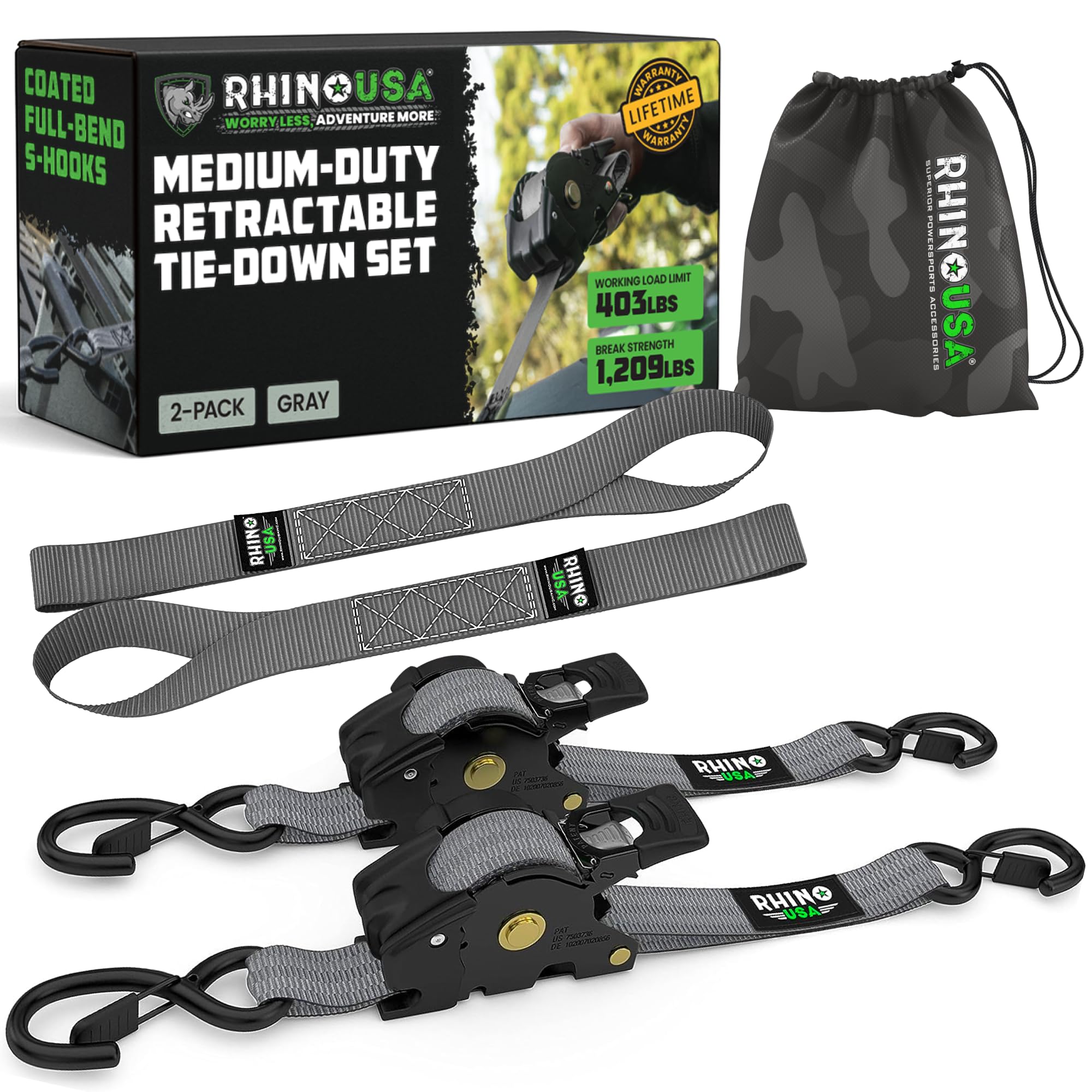 Rhino USA retractable ratchet strap 2-pack in action secures cargo on the move.