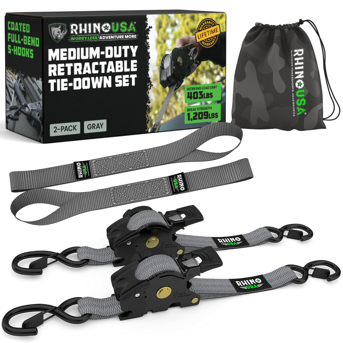 Rhino USA retractable ratchet strap 2-pack in action secures cargo on the move.
