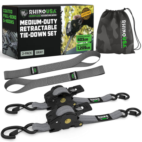 Rhino USA retractable ratchet strap 2-pack in action secures cargo on the move.