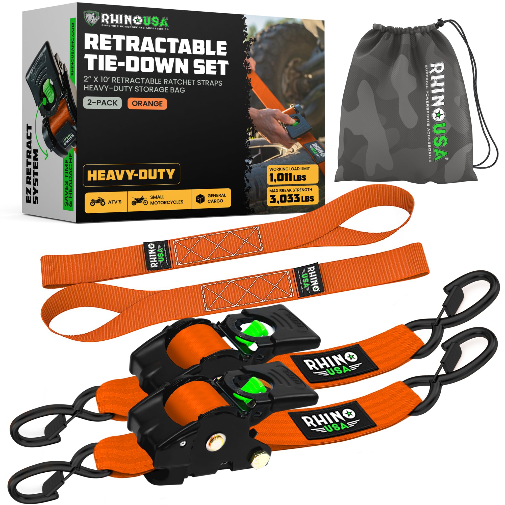 Rhino USA retractable ratchet strap 2in x 10ft orange for secure cargo on trailers