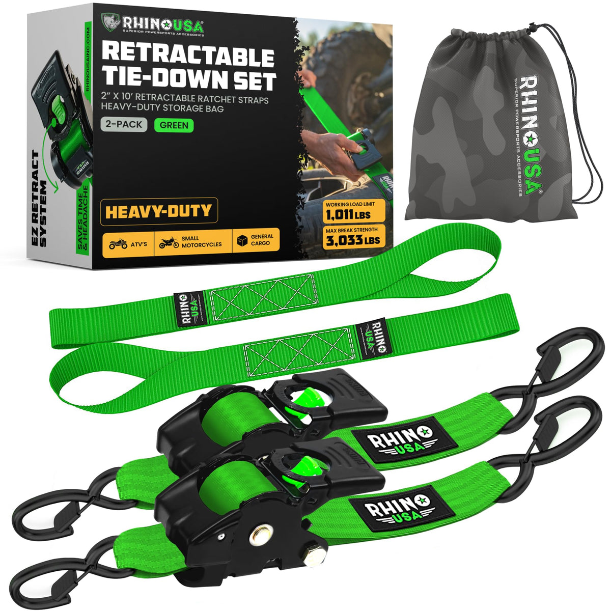 Rhino USA retractable ratchet strap 2in-10ft for quick cargo securement.