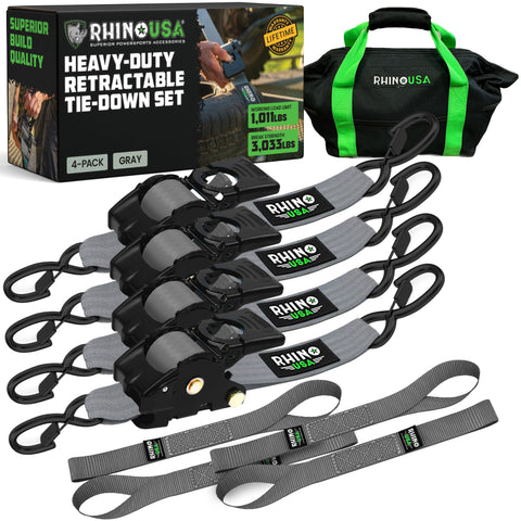 Rhino USA retractable ratchet strap in extended use securing a trailer