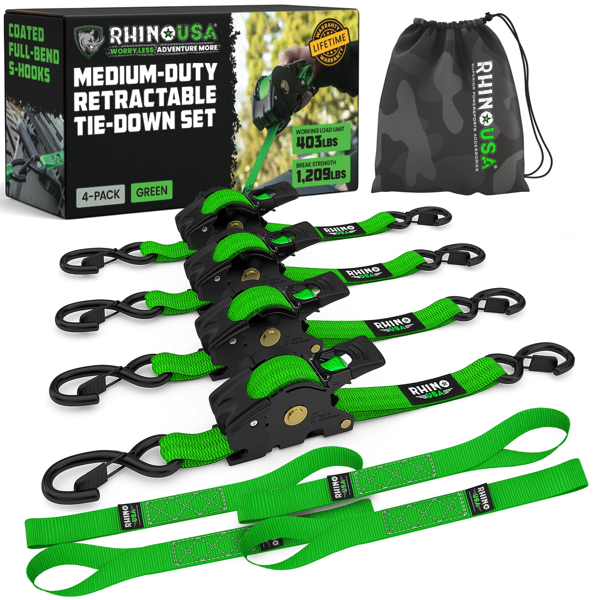 Rhino USA retractable ratchet strap in green demonstrating quick self-retraction for secure cargo