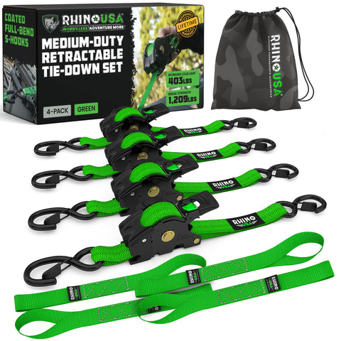 Rhino USA retractable ratchet strap in green demonstrating quick self-retraction for secure cargo