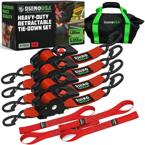 Rhino USA retractable ratchet strap 4-pack in red, ideal for secure cargo tying.