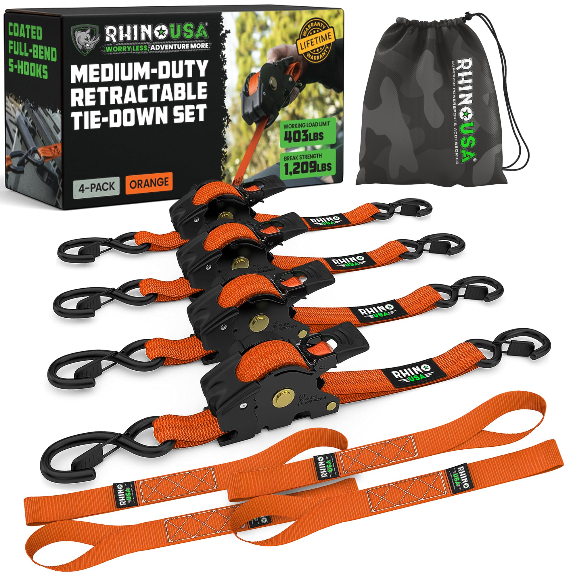 Rhino USA retractable ratchet strap four pack with secure locking action for cargo transport.