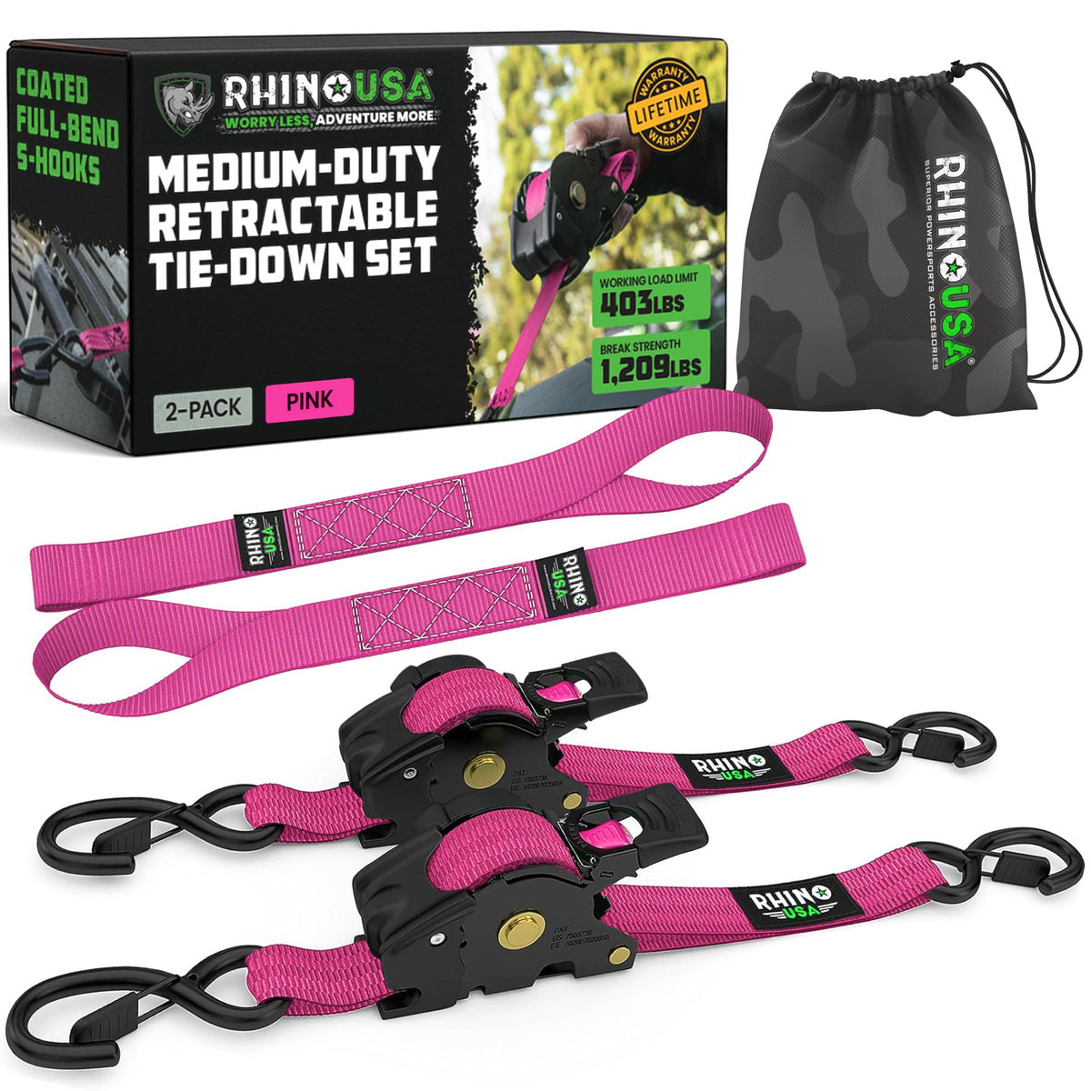 Rhino USA retractable ratchet straps in pink, 1-inch x 10-feet, ideal for secure cargo.